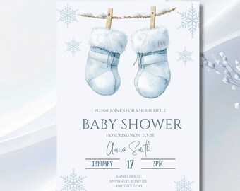 Peut inclure: Invitation de baby shower avec des illustrations à l'aquarelle de chaussons de bébé suspendus à une corde à linge. L'invitation comprend le texte "Baby Shower" et les détails de l'événement, y compris la date, l'heure et le lieu. Le design intègre des flocons de neige.