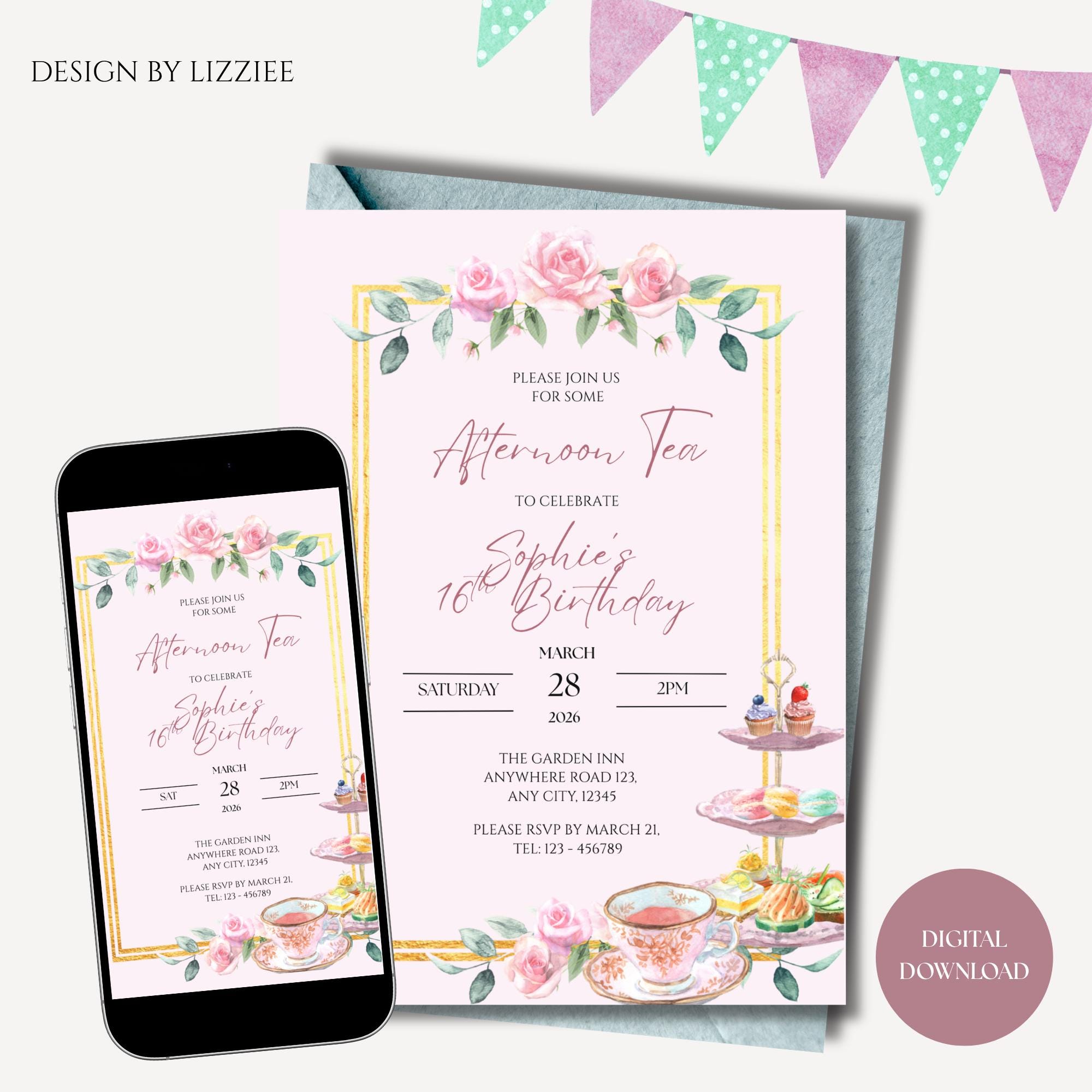 Editable Tea Party Invitation, Afternoon Tea Birthday Invitation ...