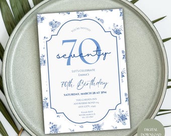 Elegant Vintage Blue Flower Birthday Invitation, Generic Birthday Party Template, Chic Milestone Any Age Birthday Party Digital Template