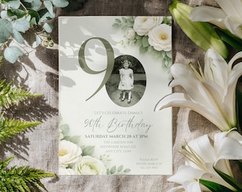 Elegant floral 90th Birthday Invitation Template, Editable 90 Milestone Birthday Photo Invite, Luxury Floral Printable & Digital 90 Invite
