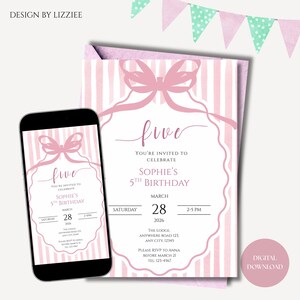 Coquette rosa rosett 5-årsinbjudan, rosa 5-årsinbjudan flicka, redigerbar digital inbjudan till 5-årsfest på canvas