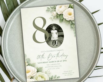 Elegant Floral 80th Birthday Invitation Template, Editable 80th Birthday Picture Invitation Template, Eighty Years Old Party Invitation