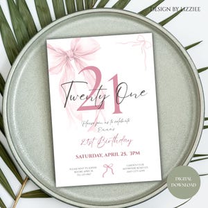 Pink Coquette Bow 21 Birthday Invitation Template, Cheers to 21 Years, Elegant 21 Birthday Invite, Digital Download (Canva Template) image 4