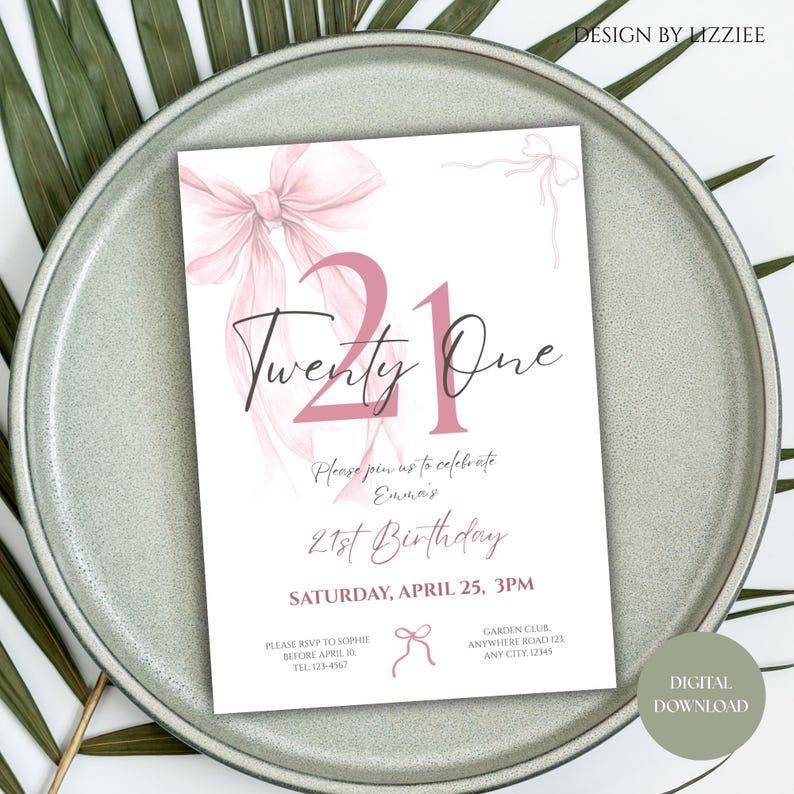Pink Coquette Bow 21 Birthday Invitation Template, Cheers to 21 Years, Elegant 21 Birthday Invite, Digital Download (Canva Template) image 4