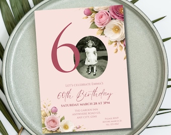 Floral Elegant 60th Birthday Invitation Template, Editable 60 Milestone Picture Birthday Invitation, Digital 60 Birthday Invite, Hello Sixty