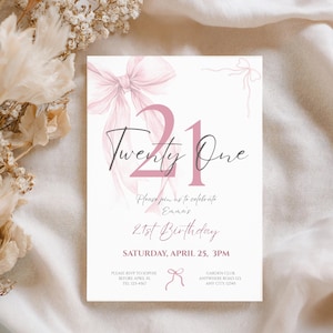 Pink Coquette Bow 21 Birthday Invitation Template, Cheers to 21 Years, Elegant 21 Birthday Invite, Digital Download (Canva Template) image 1