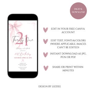 Pink Coquette Bow 21 Birthday Invitation Template, Cheers to 21 Years, Elegant 21 Birthday Invite, Digital Download (Canva Template) image 9