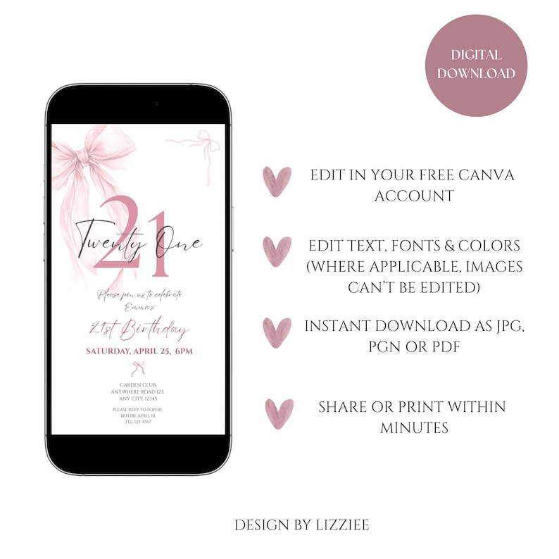 Pink Coquette Bow 21 Birthday Invitation Template, Cheers to 21 Years, Elegant 21 Birthday Invite, Digital Download (Canva Template) image 9