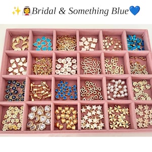 May include: A pink velvet jewelry organizer tray containing twenty-four compartments filled with various gold-tone metal charms, including blue hearts, white stars, pearls, evil eyes, and floral shapes. The text "Bridal & Something Blue" is visible.