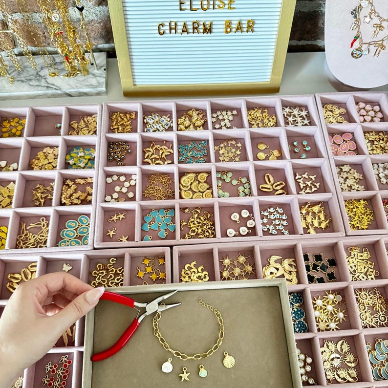 May include: A gold-toned chain bracelet with several small charms including a shell, a star, and a pearl, positioned next to red-handled pliers. The bracelet is displayed on a tray alongside various compartments filled with assorted metal charms.