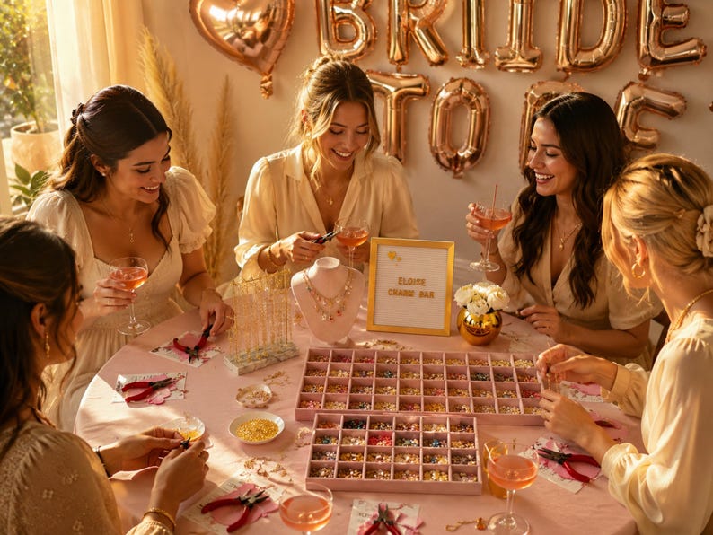 May include: A charm bar setup on a round table featuring two pink compartmentalized trays filled with assorted colorful charms, jewelry pliers, a gold-framed sign reading ELOISE CHARM BAR, and a necklace display stand with a layered gold necklace.
