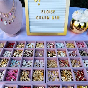 May include: A gold-framed letter board with the text ELOISE CHARM BAR and three gold heart icons, displayed above two velvet-lined jewelry trays containing a variety of gold, red, white, and pink metal charms, alongside a necklace display stand.