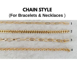 May include: Four distinct gold-toned metal chains arranged horizontally, labeled 1 through 4. The text at the top reads CHAIN STYLE (For Bracelets & Necklaces). Each chain features a unique link pattern, including elongated ovals, flat curb links, and round cable links.
