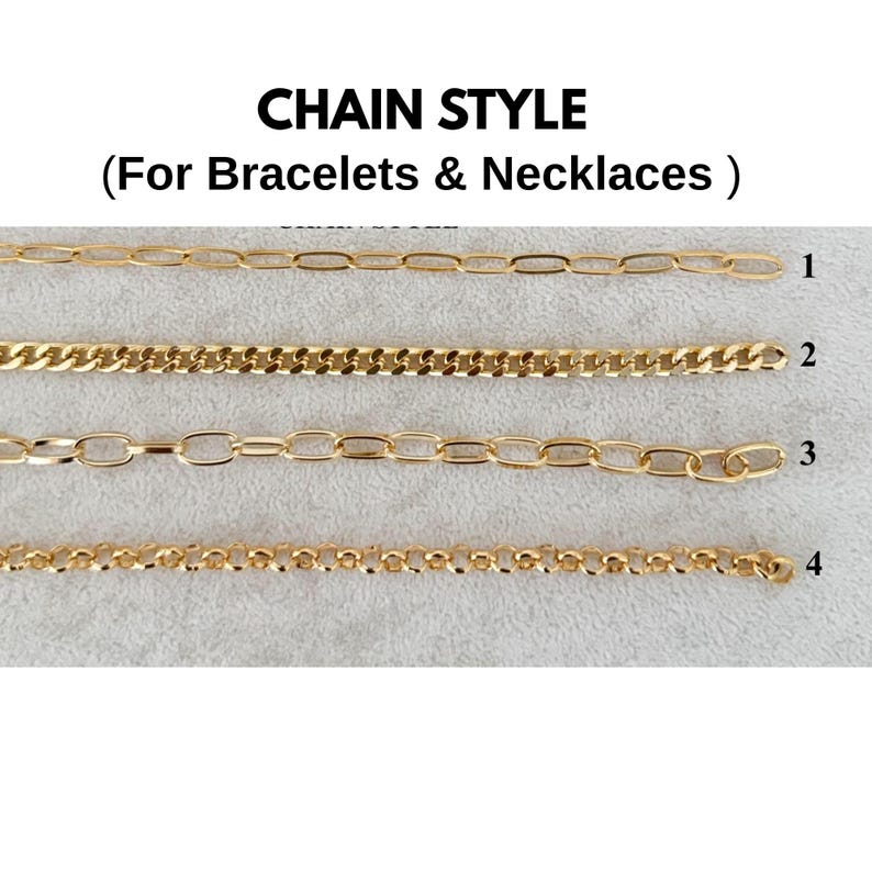 May include: Four distinct gold-toned metal chains arranged horizontally, labeled 1 through 4. The text at the top reads CHAIN STYLE (For Bracelets & Necklaces). Each chain features a unique link pattern, including elongated ovals, flat curb links, and round cable links.