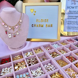 May include: A light pink velvet jewelry display bust wearing two gold-tone chain necklaces with various colorful charms, including a red chili, a playing card, cherries, and hearts, next to a letter board reading ELOISE CHARM BAR.