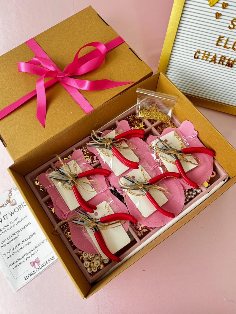 May include: A jewelry making kit in a brown cardboard box with a bright pink ribbon. The kit contains five pairs of pliers with red handles, small bags of gold-tone chains, various charms, and a printed instruction card labeled ELOISE CHARM BAR.