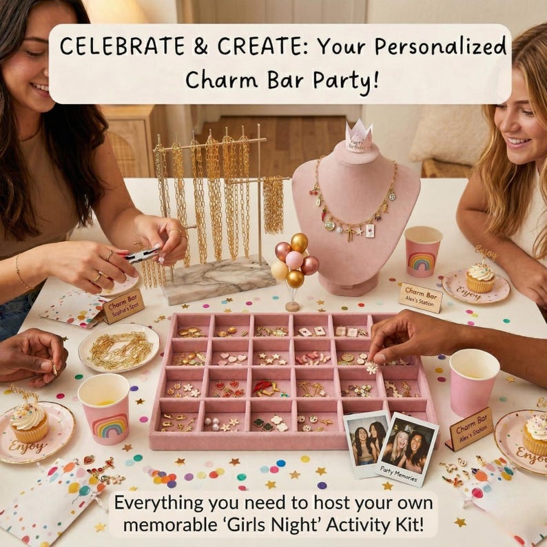 May include: A charm bar party kit featuring a pink velvet jewelry tray with various charms, a gold-tone necklace display stand, a pink velvet necklace bust, rainbow paper cups, cupcake plates, and two instant photos with the text CELEBRATE & CREATE.