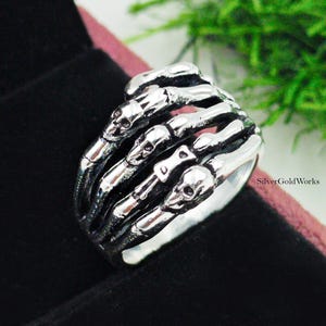 Handcrafted Skeleton Hand Ring Gothic 925 Sterling Silver Punk Statement Jewelry Gifts Mom