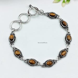 Natural  Tigers Eye Bracelet 925 Sterling Silver Handcrafted Natural Oval Chatoyant Linked Bohemian Jewelry