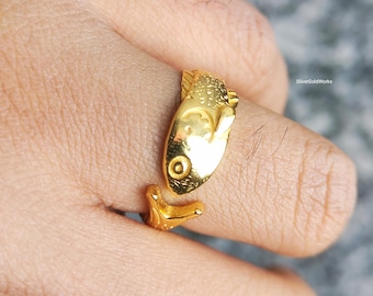 Anillo de pez koi de plata de ley 925 chapado en oro, ajustable, símbolo de buena suerte, regalo animal hecho a mano