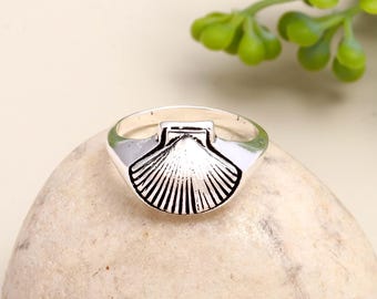 Anillo de sello de concha marina de plata de ley 925, joyería llamativa de playa oceánica, regalo de cumpleaños para ella