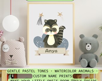 Quadro personalizado em aquarela com animais para quarto de bebê • Decoração personalizada para quarto de bebê (Download digital)