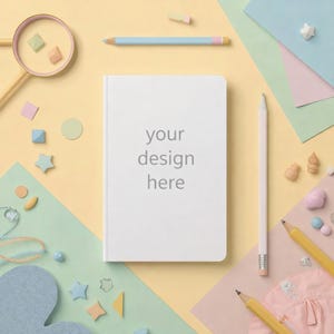 Puede incluir: Un cuaderno blanco con el texto "your design here" está rodeado de lápices, formas geométricas y otros artículos de papelería. El fondo presenta colores pastel, creando una estética lúdica y creativa.