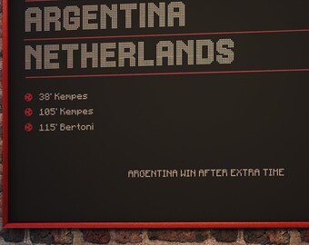 May include: A black sign with the words "ARGENTINA NETHERLANDS" in white pixelated font. Below are the goal scorers and times: Kempes at 38' and 105', and Bertoni at 115'. The text "ARGENTINA WIN AFTER EXTRA TIME" is at the bottom.