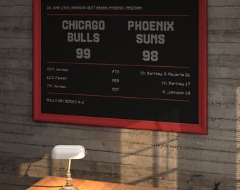 Póster retro del marcador de las Finales de la NBA: Michael Jordan - Scottie Pippen - Chicago Bulls vs. Phoenix Suns - Descarga digital para aficionados al deporte