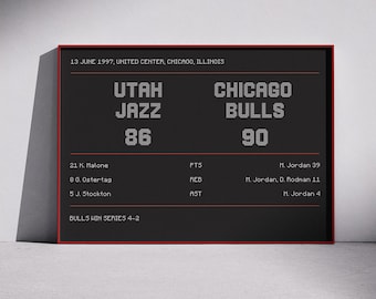 Descarga digital: Póster de Michael Jordan - Marcador vintage de Chicago Bulls vs. Utah Jazz - Decoración deportiva retro - Regalo para él - Recuerdos