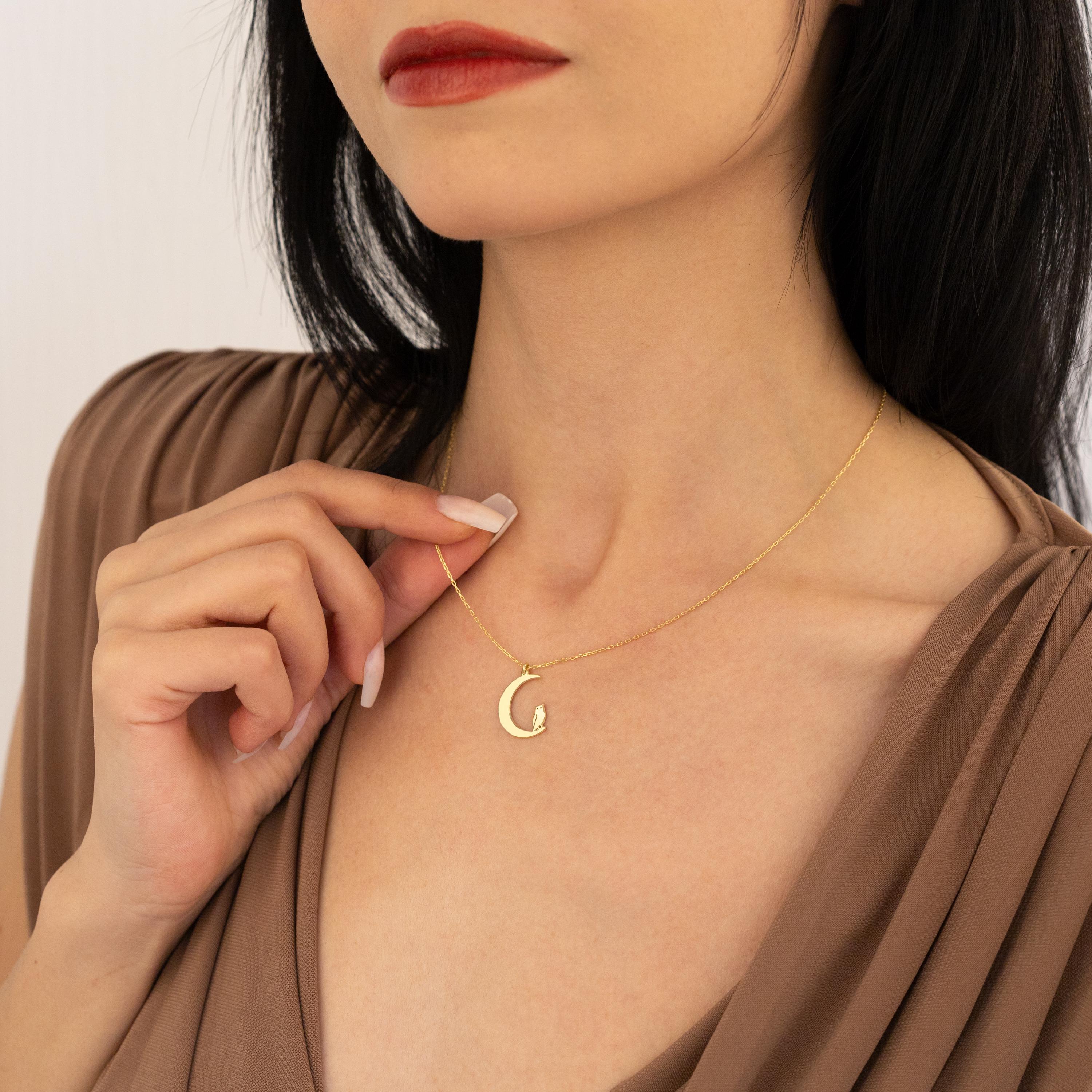 Owl Moon Necklace • Dainty Gold Celestial Crescent Owl Pendant • Wisdom Minimalist Teacher