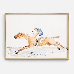 Vintage Print of Horse Racing, Man Riding Horse Watercolor Art Printable, Gifts for Men, Equestrian Art Gifts