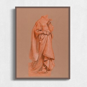 K&ouml;nnte beinhalten: Eine Zeichnung einer Person in einem langen, flie&szlig;enden Gewand, die eine Blume in der Hand h&auml;lt. Die Zeichnung ist in Orange- und Braunt&ouml;nen gehalten.