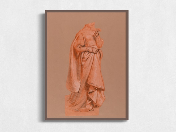 Vintage Figure Study Drawing: Orange Drapery Art (Digital Print)
