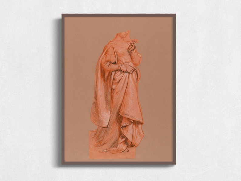 K&ouml;nnte beinhalten: Eine Zeichnung einer Person in einem langen, flie&szlig;enden Gewand, die eine Blume in der Hand h&auml;lt. Die Zeichnung ist in Orange- und Braunt&ouml;nen gehalten.