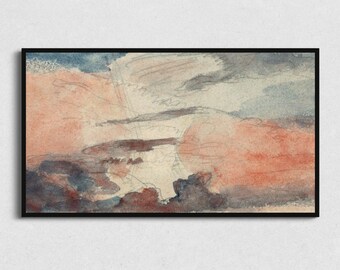 May include: Abstract watercolor painting with shades of blue, gray, and pink. The painting features a layered, textured effect with brushstrokes and washes of color.