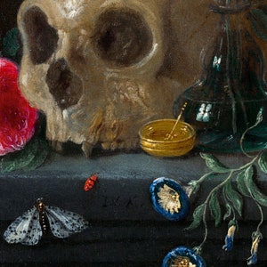 May include: A still life painting featuring a human skull with a gold crown, a rose, a glass vase with flowers, and a small gold dish with a stick. The background is dark.