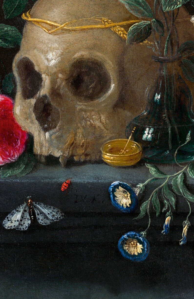 May include: A still life painting featuring a human skull with a gold crown, a rose, a glass vase with flowers, and a small gold dish with a stick. The background is dark.
