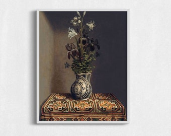 Antique Still Life Printable, Vintage Oil Painting Flowers in Vase, Moody Floral Still Life Prints