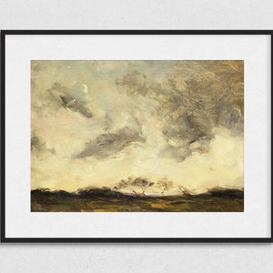 May include: A painting of a landscape with a cloudy sky and a sliver of moon visible. The sky is painted in shades of gray, white, and yellow, with a few wisps of pink. The ground is a dark green, with a few trees in the distance.