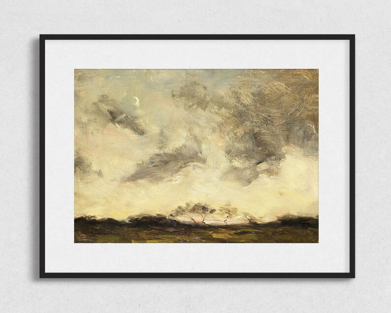 May include: A painting of a landscape with a cloudy sky and a sliver of moon visible. The sky is painted in shades of gray, white, and yellow, with a few wisps of pink. The ground is a dark green, with a few trees in the distance.