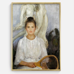 Vintage Portrait of Girl with Tennis Racket, Printable Antique Portrait Painting