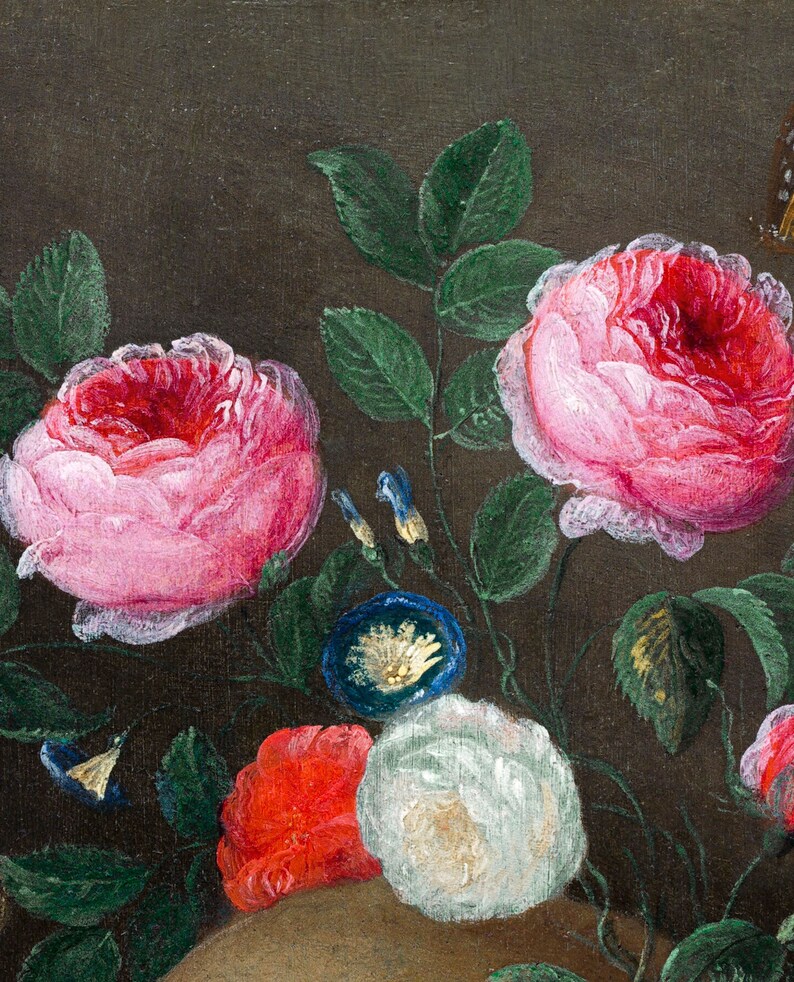 May include: A still life painting featuring a bouquet of pink, white, and red roses with green leaves and blue flowers. The flowers are arranged in a vase on a dark brown background.