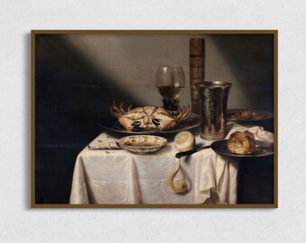 Vintage Crab Still Life Oil Painting: Moody Kitchen Art (Digital Download)