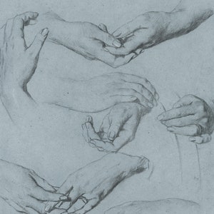 May include: A black and white drawing of five hands in various poses. The hands are drawn in a realistic style and show the details of the fingers, knuckles, and wrists.