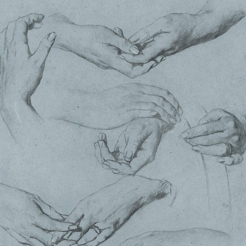 May include: A black and white drawing of five hands in various poses. The hands are drawn in a realistic style and show the details of the fingers, knuckles, and wrists.