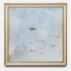 May include: A framed painting depicting a blue sky with white clouds and many birds flying in formation. The birds are painted in shades of brown and black.