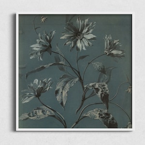 Square Vintage Floral Sketch Digital Art Download, Moody Blue Floral Art Print