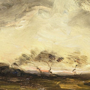 May include: A painting of a landscape with a cloudy sky and a few trees in the foreground. The sky is painted in shades of light yellow and gray, while the trees are painted in shades of green and brown. The painting has a soft, impressionistic style.