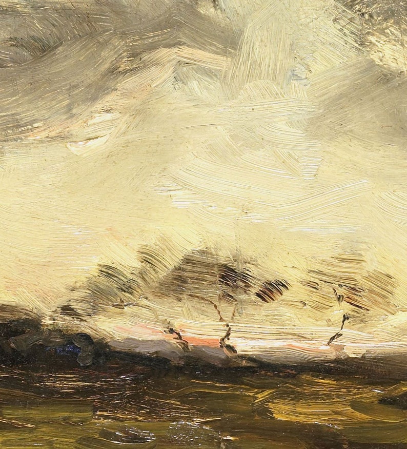 May include: A painting of a landscape with a cloudy sky and a few trees in the foreground. The sky is painted in shades of light yellow and gray, while the trees are painted in shades of green and brown. The painting has a soft, impressionistic style.